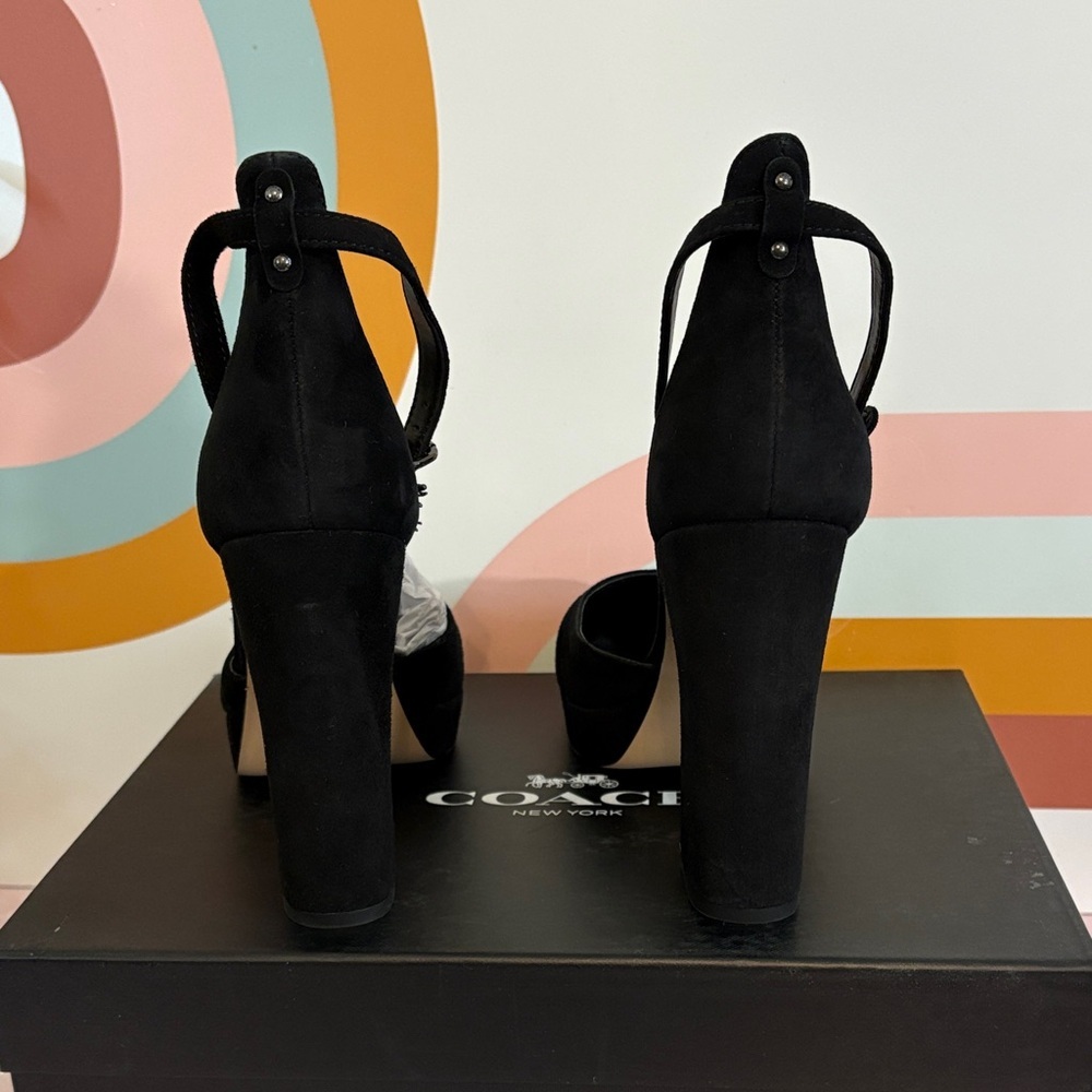 NIB Coach Chrystie Lux Suede Black Platform Ankle Strap Heels - Picture 9 of 16